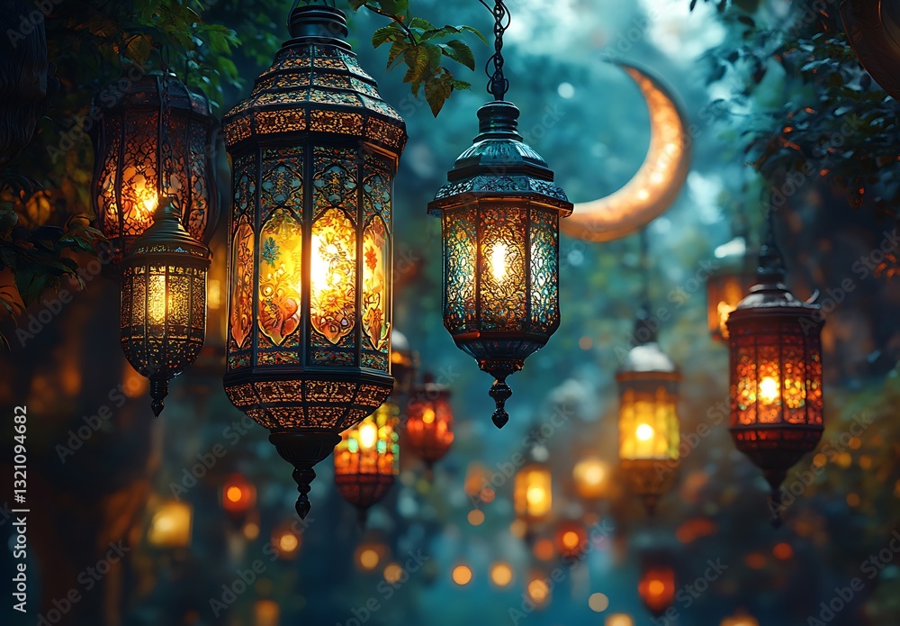 Fototapeta premium Magical Forest Scene with Illuminated Lanterns