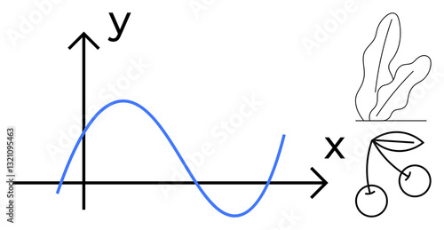 Mathematical axis with curve representing data progression. Beside it, a plant leaf and cherry graphic relates to nature, biology, and growth. Ideal for analysis, biology, agriculture, eco-studies
