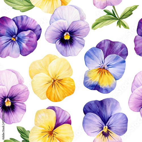 Wallpaper Mural seamless pattern watercolor pansy flowers, floral background violet, yellow blossoms botanical textile wallpaper design Torontodigital.ca