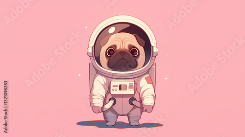 Cute pug dressed as an astronaut stands against a pink background, evoking a whimsical space theme