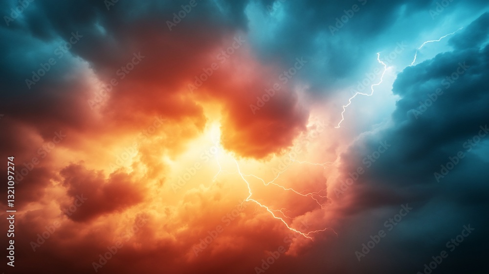 Fiery orange and teal storm clouds clash, lightning streaks across the sky Fiery orange and teal storm clouds clash, lightning streaks across the sky