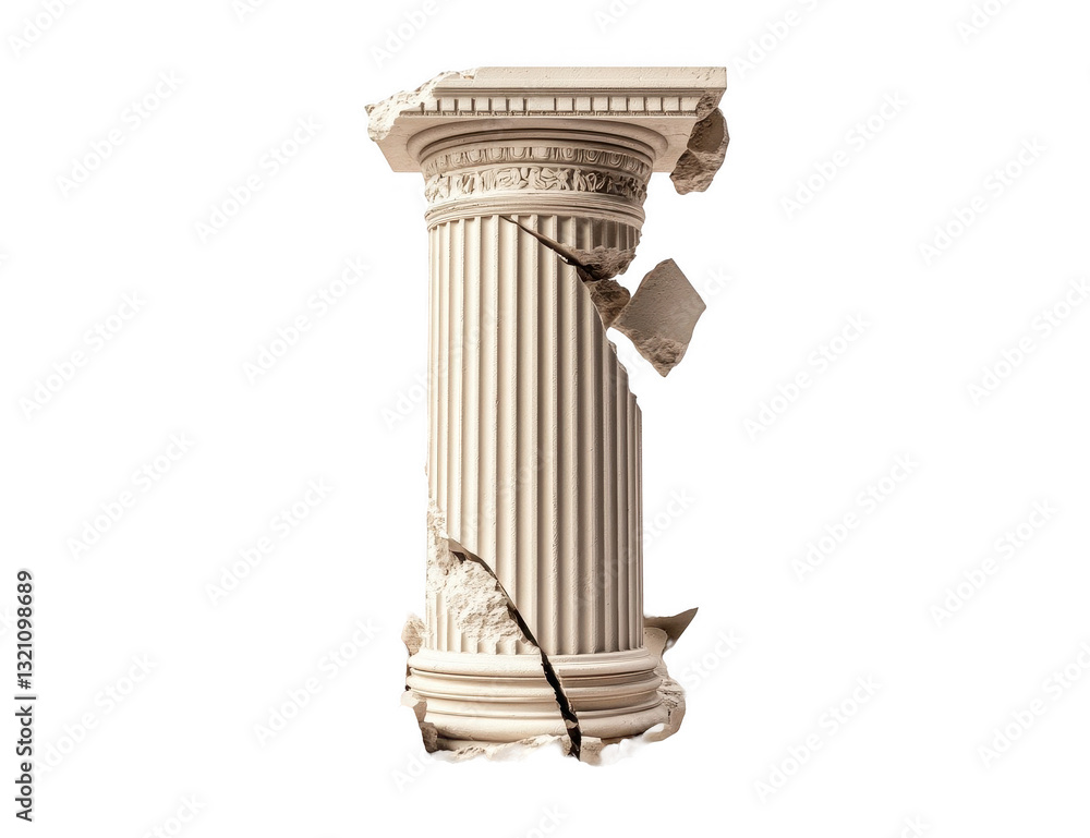 Crumbling architectural column set against a transparent background showcasing a fascinating blend of history and decay Crumbling architectural column set against a transparent background showcasing a fascinating blend of history and decay