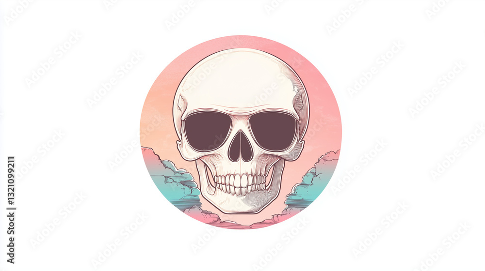 Retro skull with sunglasses against pastel sunset in circular frame with copy space Retro skull with sunglasses against pastel sunset in circular frame with copy space