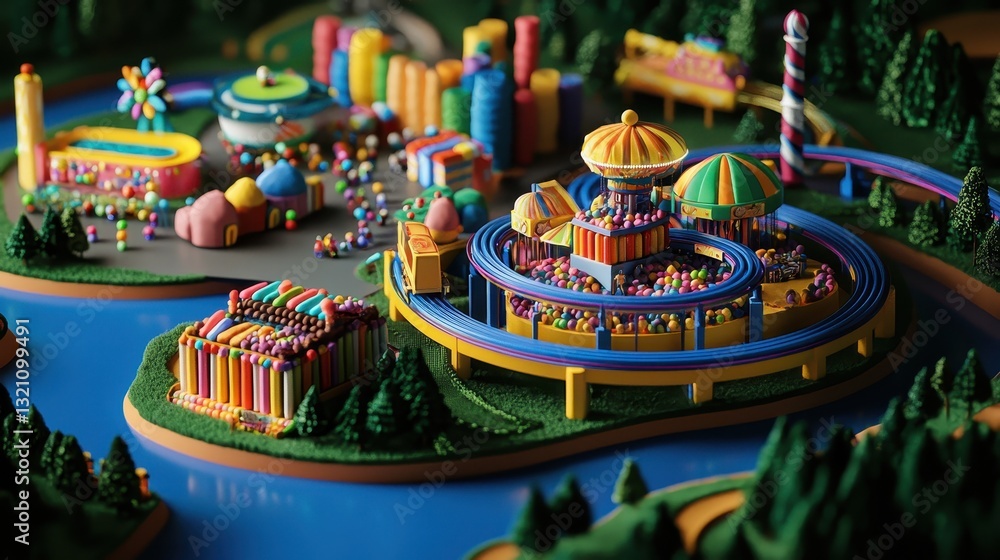 Obraz premium Colorful Candy-Themed Amusement Park with Fun Roller Coasters