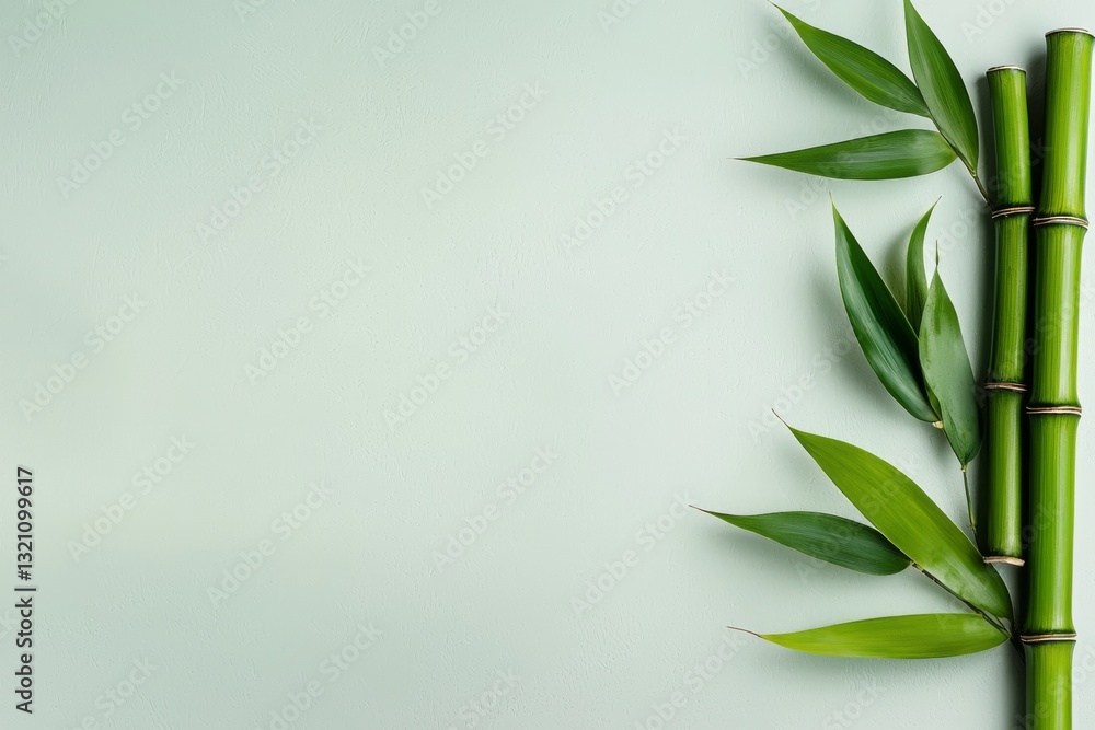 Fototapeta premium Fresh green bamboo stalks and leaves on a soft pastel background