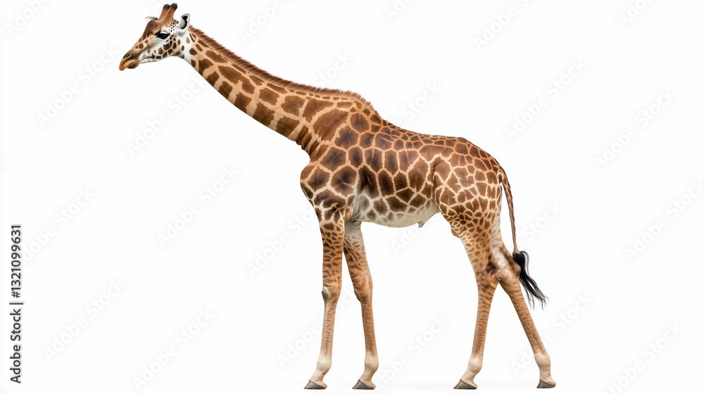Fototapeta premium Giraffe standing, side profile, white background