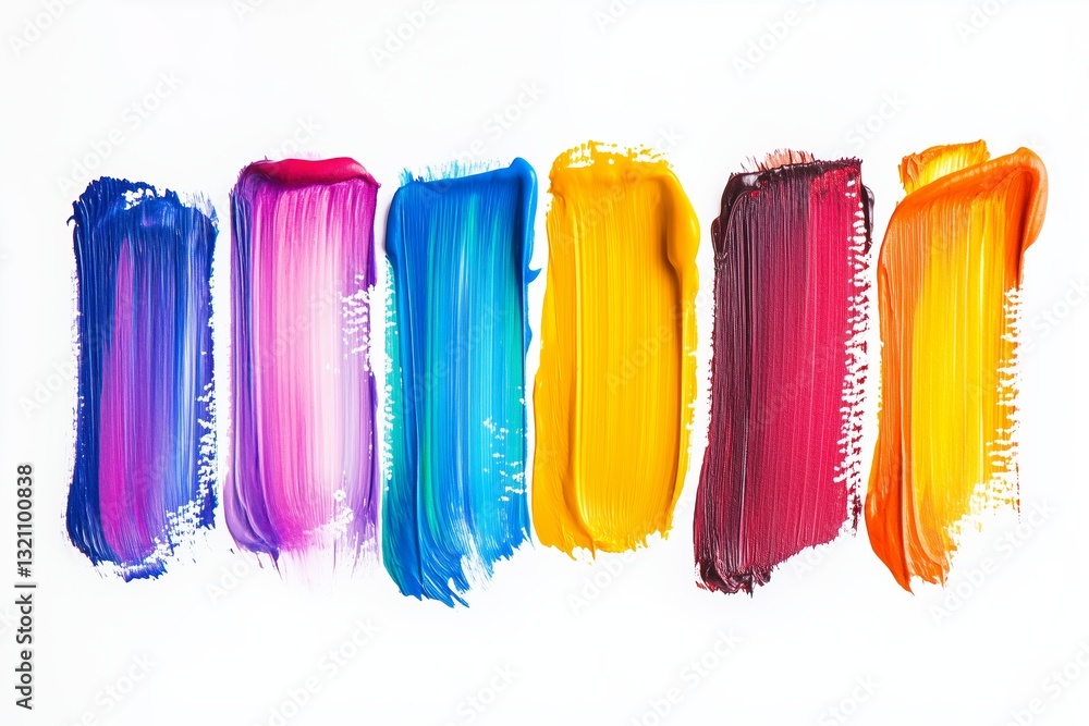 Fototapeta premium Set of abstract blue red yellow pink purple brown green paintbrush strokes isolated on white background