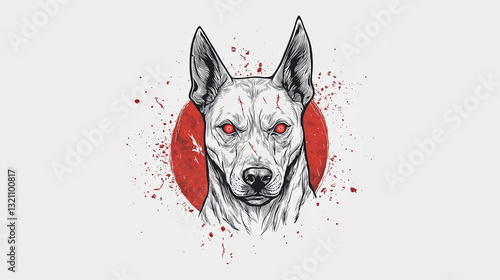 Fierce dog illustration with red eyes in blood-splattered circle with copy space