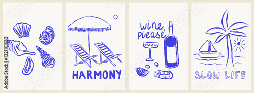 Italian or greek style vacation hand drawn vector illustrations in grunge scribble rough doodle sketch style poster or placard. Wine, palm tree, seashell vacation in chalk charcoal style drawings.