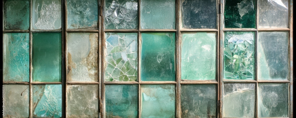 Aged wooden frame with various shattered and intact turquoise glass panes in sunlight Aged wooden frame with various shattered and intact turquoise glass panes in sunlight