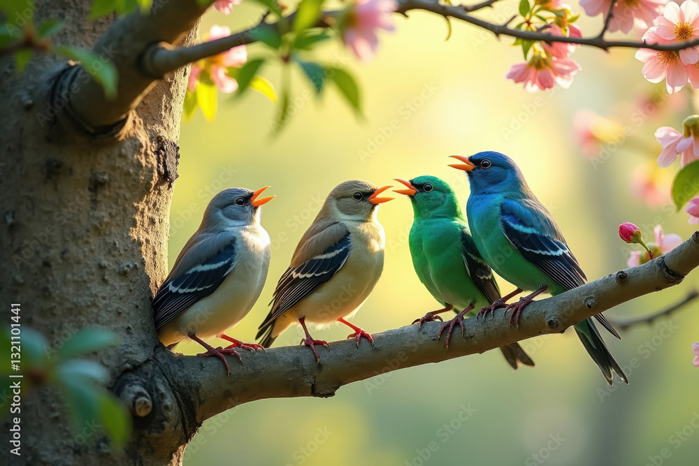Obraz premium Colorful Birds Singing on a Tree Branch – Vibrant Feathers, Spring Blossoms, and Nature Harmony in Warm Golden Sunlight