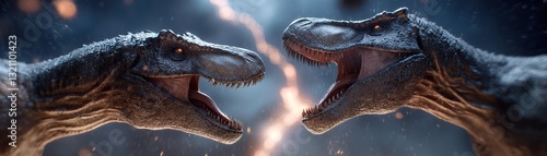 Two colossal T-Rexes grapple fiercely as a storm brews, with shafts of lightning striking the backdrop, adding a dramatic touch to their primal confrontation under rain mist