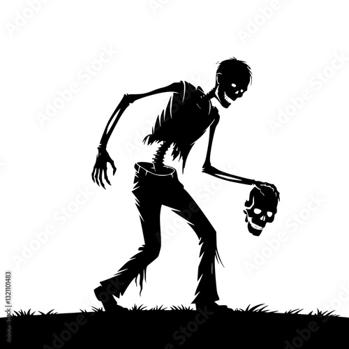 Zombie figure with eerie pose and menacing expression in a dark background