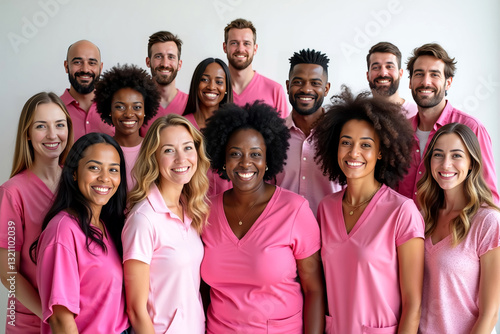 Group of diverse people, fair-skinned and dark-skinned men and women, wearing pink T-shirts, on light background. Team