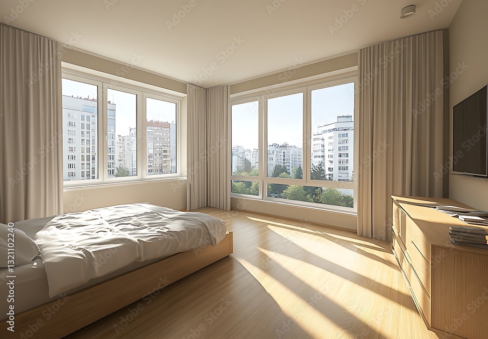 Fototapeta premium Bright Modern Bedroom with City View and Large Windows