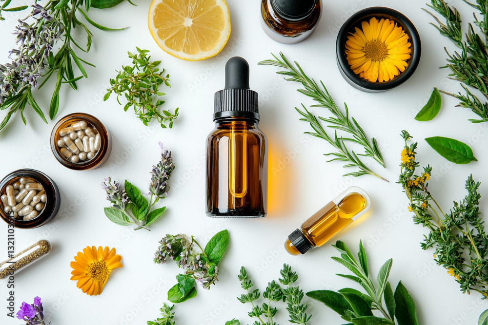 Natural herbal essential oil bottle with herbs and capsules spa plant image health remedy beauty Natural herbal essential oil bottle with herbs and capsules spa plant image health remedy beauty