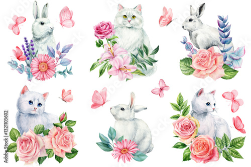 Canvas Print cute white rabbits and cats with pink rose and pink butterflies set