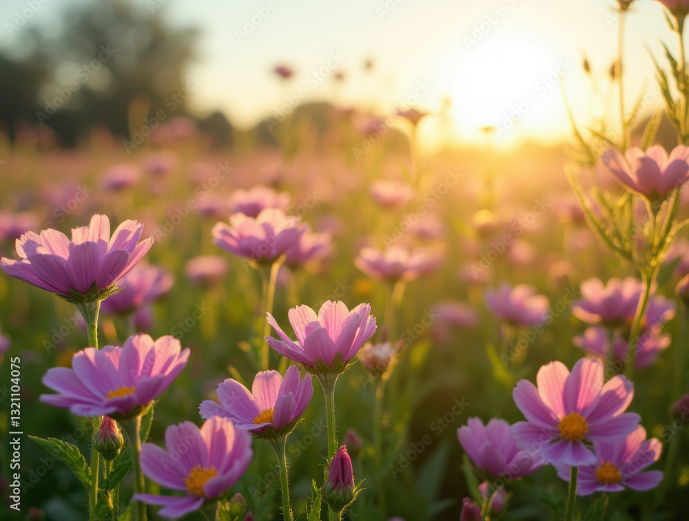 Obraz premium A serene landscape of a wildflower meadow illuminated by the first rays of sunlight.