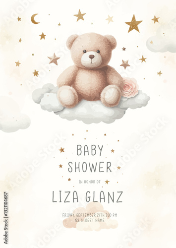 Cute baby shower watercolor invitation card for new born celebration. With plush toy teddy bear, clouds and stars.