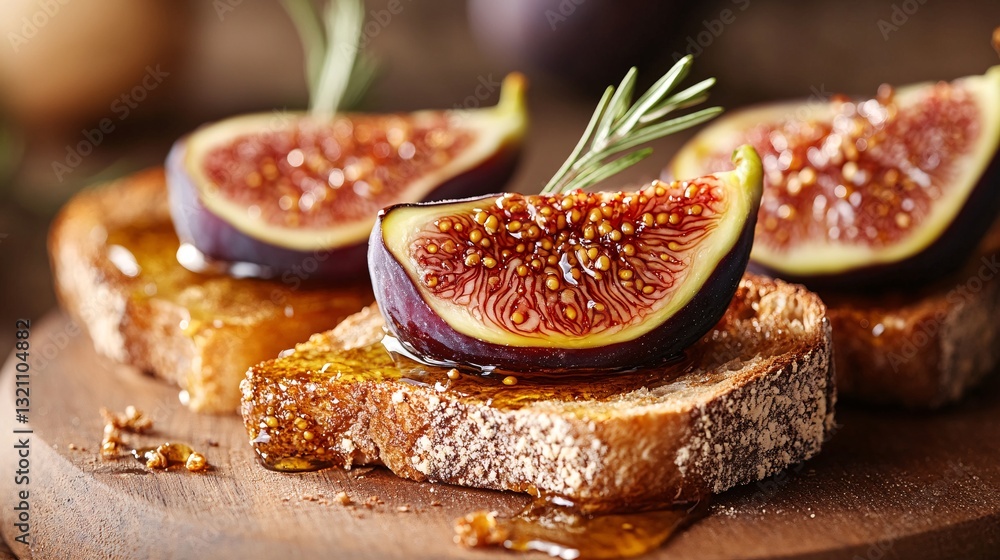 Close-up photography of a fig and honey drizzle on rustic toast Close-up photography of a fig and honey drizzle on rustic toast