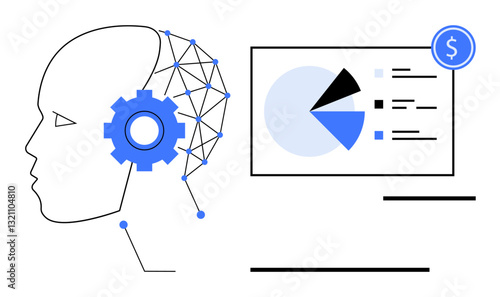 AI head with neural network and gear mechanism linked to data visualization chart, representing technology, innovation, data analysis, automation, machine learning, financial growth, and futuristic