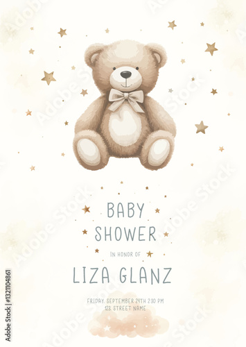 Cute baby shower watercolor invitation card for new born celebration. With plush toy teddy bear, clouds and stars.