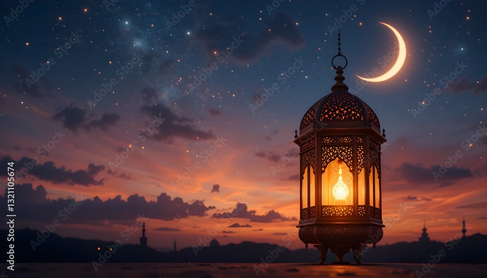Ramadan Lantern with Crescent Moon and Starry Sky at Dusk Ramadan Lantern with Crescent Moon and Starry Sky at Dusk