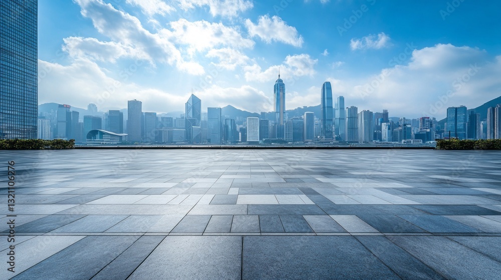 A stunning view captures the sleek skyscrapers of a bustling city, framed by a polished plaza. The late afternoon sun bathes the scene in warm light, creating a serene atmosphere A stunning view captures the sleek skyscrapers of a bustling city, framed by a polished plaza. The late afternoon sun bathes the scene in warm light, creating a serene atmosphere