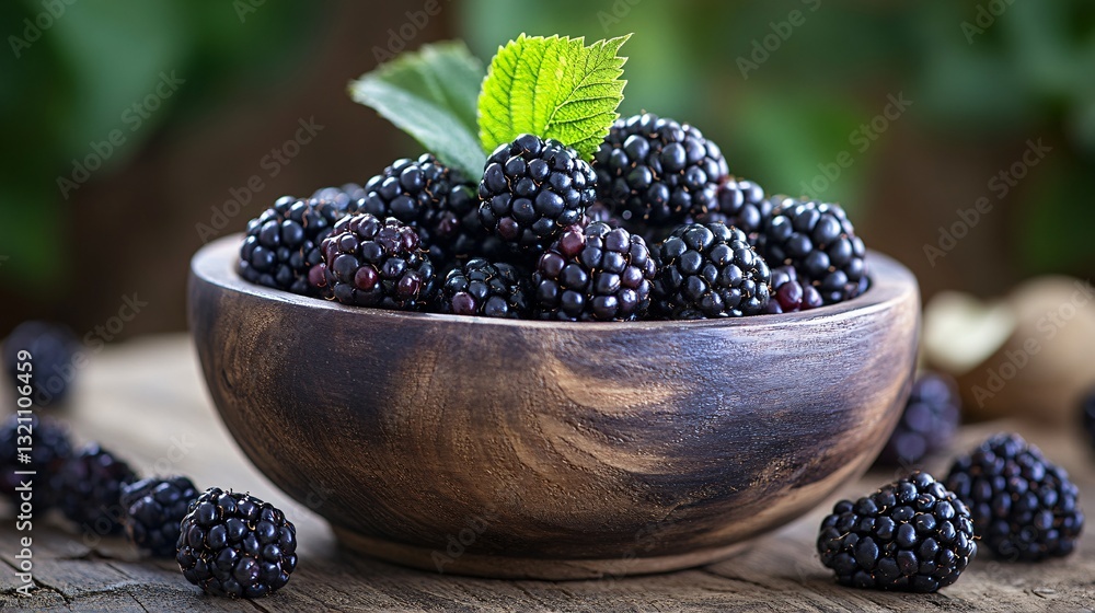Photography of a rustic wooden bowl filled with ripe blackberries Photography of a rustic wooden bowl filled with ripe blackberries