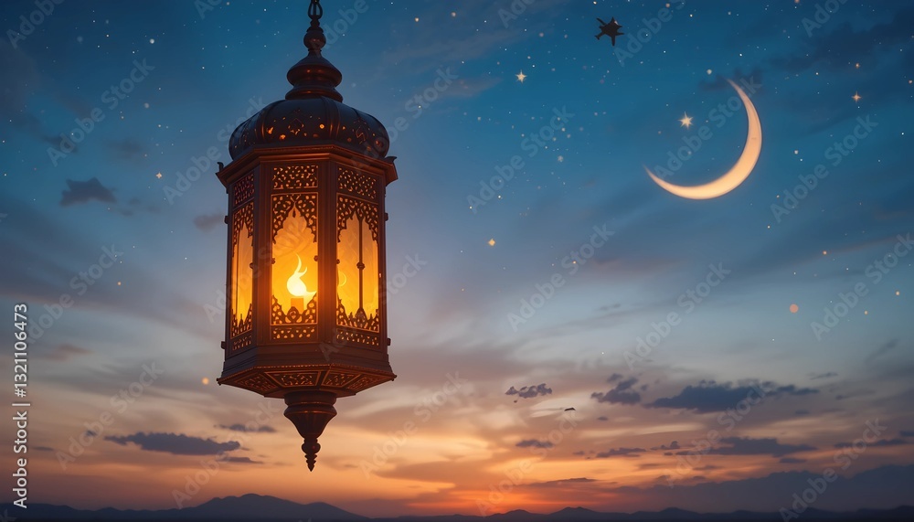 Ramadan Lantern with Crescent Moon and Starry Sky at Dusk Ramadan Lantern with Crescent Moon and Starry Sky at Dusk