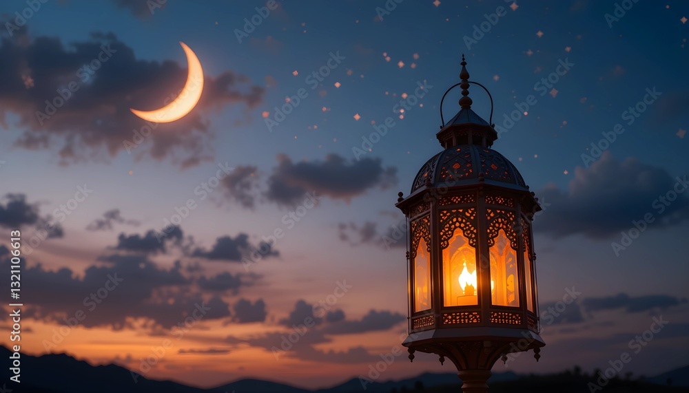 Ramadan Lantern with Crescent Moon and Starry Sky at Dusk Ramadan Lantern with Crescent Moon and Starry Sky at Dusk