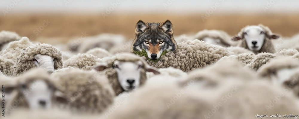 A cunning wolf disguised and hidden among a flock of sheep A cunning wolf disguised and hidden among a flock of sheep