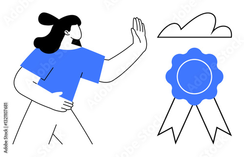 Woman in blue shirt gesturing stop motion towards award ribbon and cloud, conveying rejection or boundary. Ideal for boundaries, decision-making, ethics, achievement, choices, refusal, minimalism