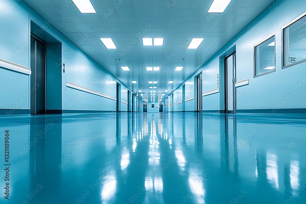 Obraz premium Clean Hospital Corridor, Bright Blue Walls, Shiny Floor