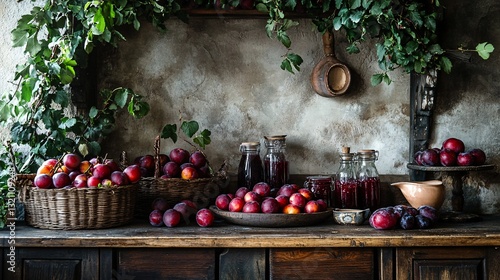 Photography of a rustic kitchen scene with fresh plums and jam