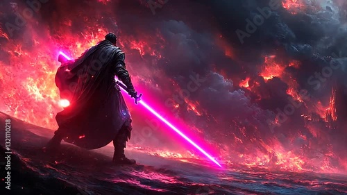 A lone warrior stands against a fiery landscape, wielding a glowing sword