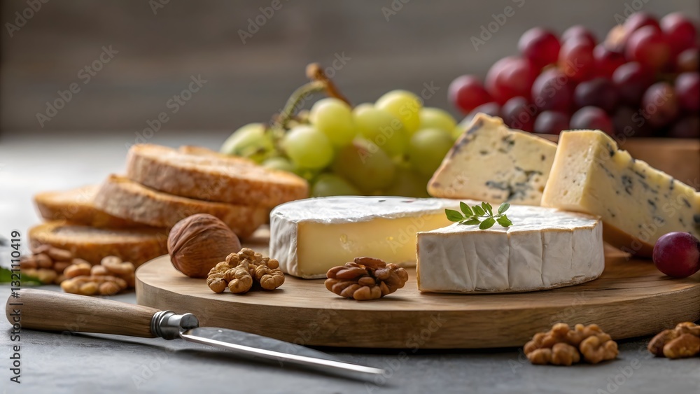 A luxurious French cheese platter with creamy Brie, blue cheese, grapes, nuts, and rustic bread. A luxurious French cheese platter with creamy Brie, blue cheese, grapes, nuts, and rustic bread.