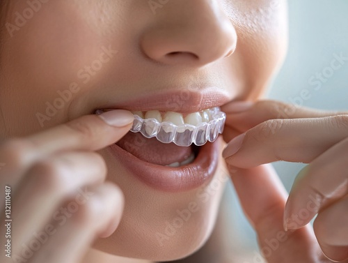 Patient adjusting invisalign clear aligner dental office health care indoor close-up oral hygiene awareness