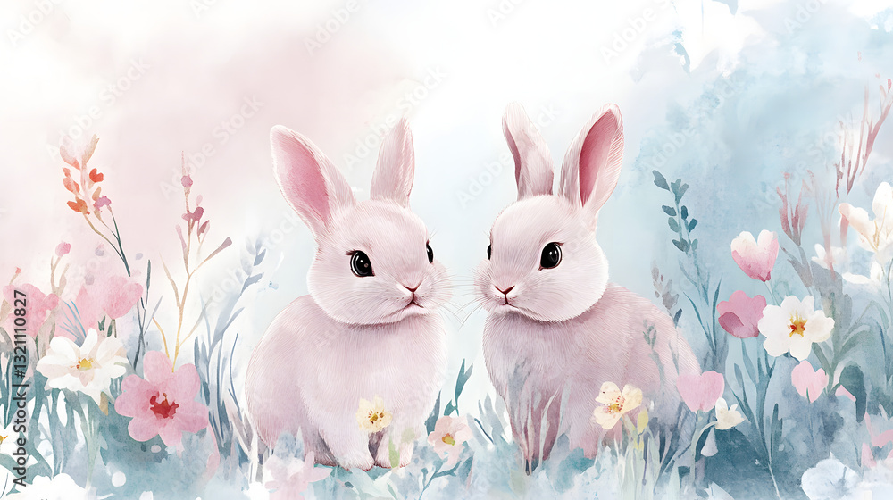 Obraz premium Soft pastel Easter bunnies with floral motifs, hand-drawn for gentle and charming designs.