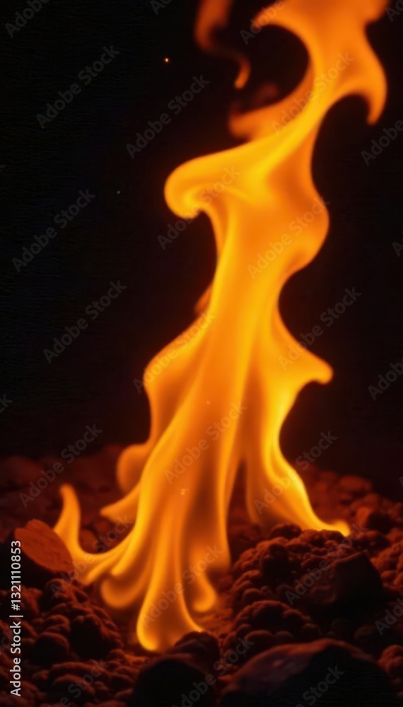 Fototapeta premium Flickering fire, deep orange to pale yellow, against absolute black , vibrant, flame