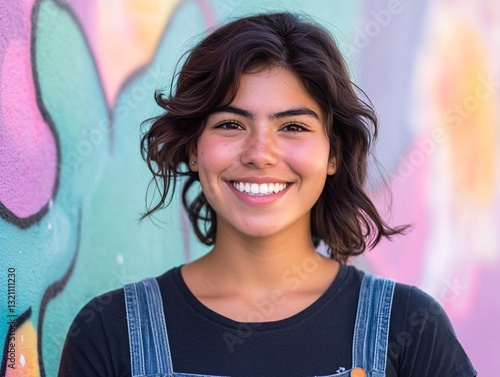 Smiling street artist celebrating creativity urban park portrait photography vibrant environment close-up artistic expression