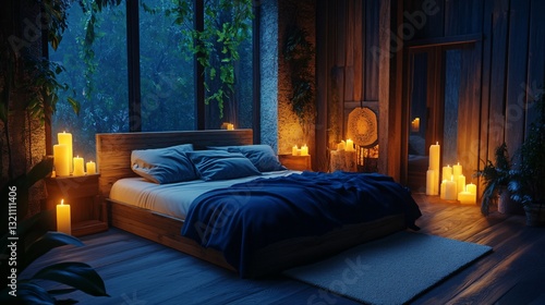 Elegant Bedroom Decor with Candles and Bed, Cozy Interior Design for Relaxation