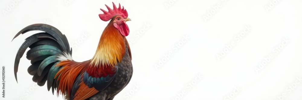 Fototapeta premium Magnificent bantam rooster crowing, clean white backdrop , animal photography, bird