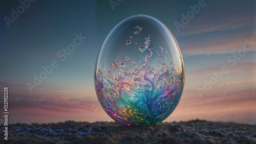 A surreal scene with a large translucent egg containing colorful abstract patterns. the egg is set against a background of a sunset or sunrise with a gradient sky.