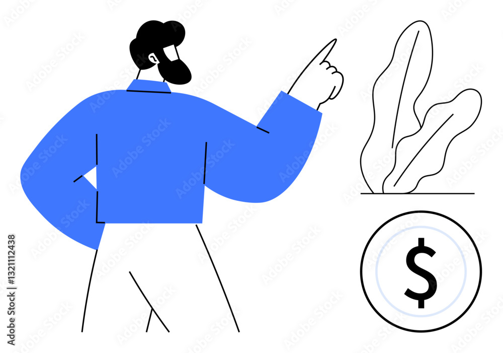 Fototapeta premium Bearded man pointing upward with confidence near a plant and a dollar coin. Ideal for finance, growth, goals, success, investment, wealth, sustainability concepts. Flat simple metaphor