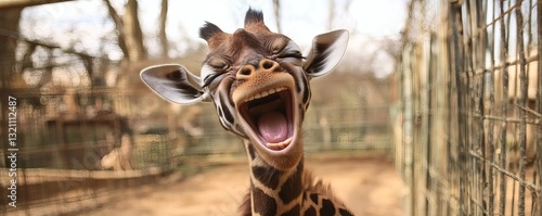 A close up portrait of a giraffe appears to be laughing loudly