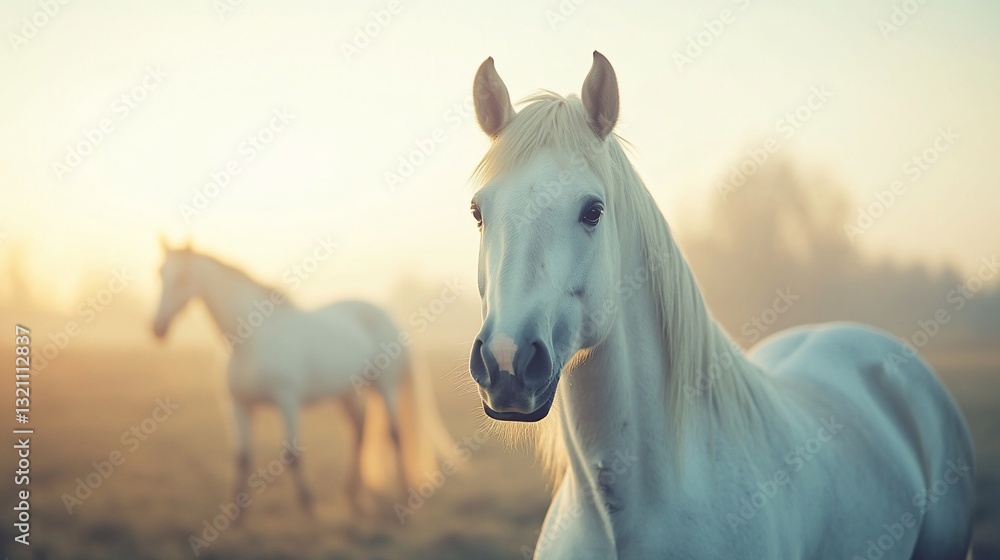 Obraz premium Majestic white horse in misty sunrise field