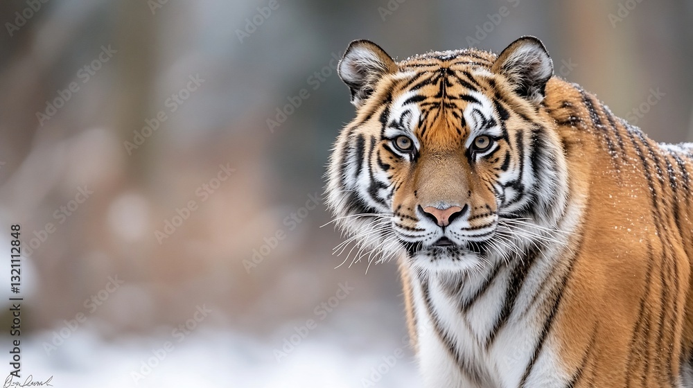 Obraz premium Majestic tiger stares intensely, snow-covered ground