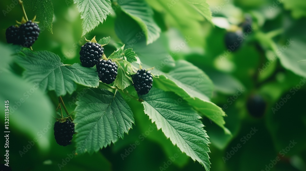 A cluster of plump blackberries on a bush, surrounded by rich green foliage A cluster of plump blackberries on a bush, surrounded by rich green foliage