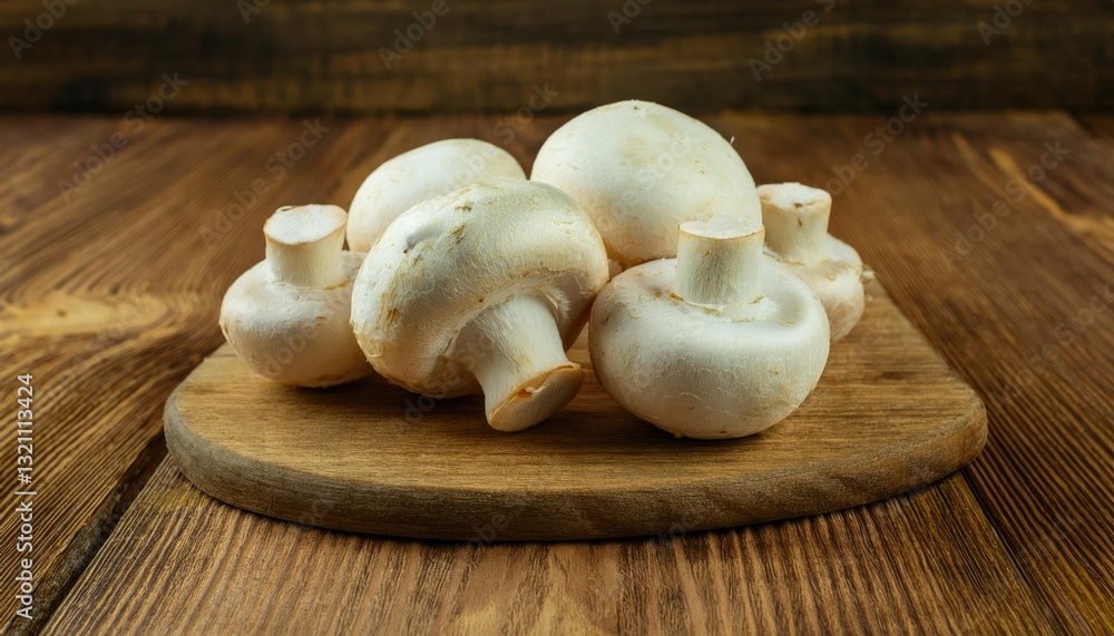 Champignon mushroom on the wooden table Champignon mushroom on the wooden table